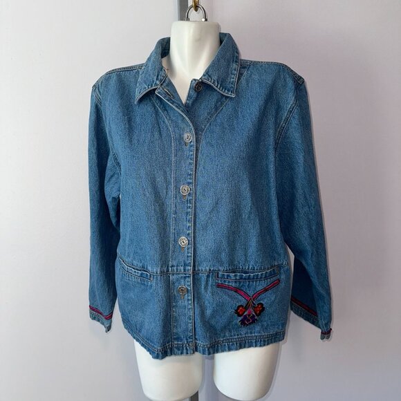 Vtg Y2k Chico's Design Embroidered Back Floral Beaded Denim Jacket Size 2 Large - Picture 3 of 6